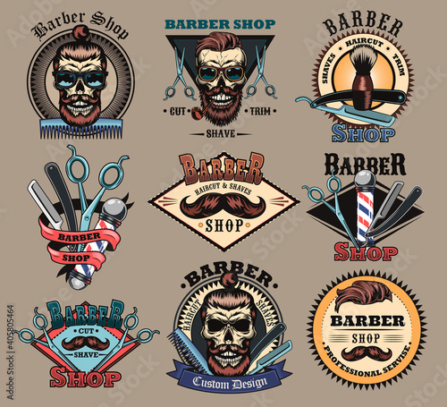 Barbershop labels set. Barber emblem with skulls with beard and trendy male haircut, scissors, brush, text samples. Vector illustrations collection for hairdresser, barber equipment concept