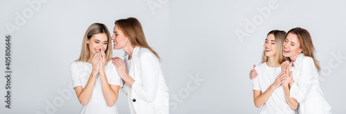 cheerful mother whispering in ear of happy daughter and hugging together isolated on grey, collage