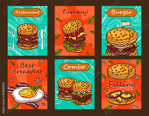 Bright leaflet designs for fast food restaurant. Creative postcards with tasty burgers or breakfast. Unhealthy meal and nutrition concept. Template for promotional postcard or brochure
