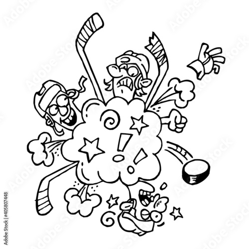 Hockey players fighting with fists and hockey sticks, are rude and fouling, winter sport, black and white cartoon