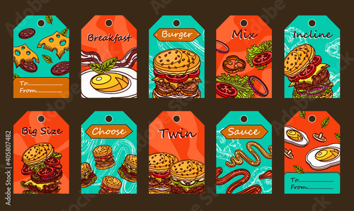 Special tag designs with burgers. Sliced ingredients, sauce and fried egg on colorful background. Unhealthy meal and nutrition concept. Template for greeting labels or invitation card
