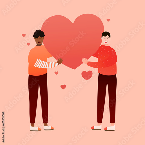 Gay couple holding big heart in cartoon style on pink background, gift card for valentine, love romantc concept of lgbt pair, togetherness, homosexual family