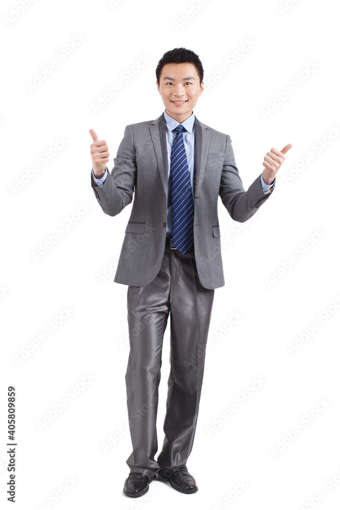 young businessman standing with thumbs up in white background young businessman standing with thumbs up in white background