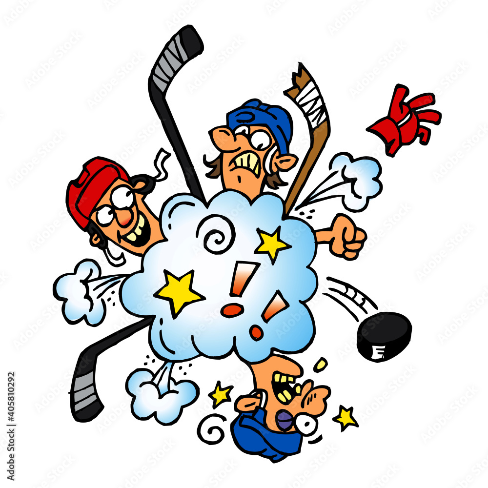 Hockey players fighting with fists and hockey sticks, are rude and fouling, winter sport, color cartoon