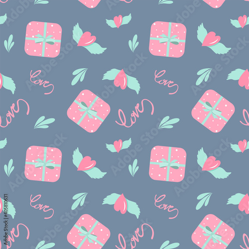 
Seamless pattern for Valentine's Day, endless texture in a romantic style with gifts and hearts on a dark background. Vector illustration in flat style