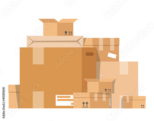 Pile of the boxes vector isolated. Brown package for fragile things transportation. Carton boxes
