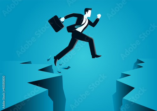 vector illustration of a jumps over the ravine. describe challenge, obstacle, optimism. business concept illustration