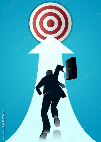 vector illustration of a businessman running with briefcase to target. business concept illustration