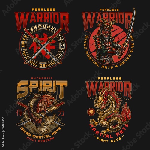 Colorful japanese fight academy vintage labels