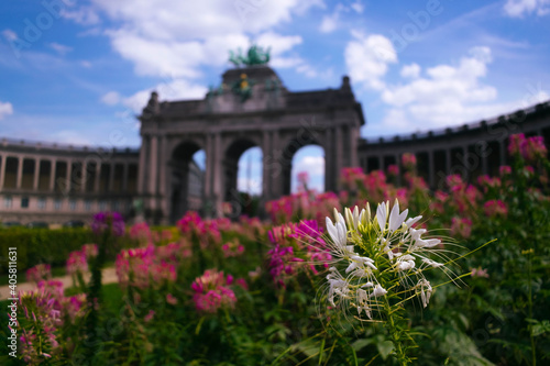 Flores sobre el arco de triunfo en el parque del cincuentenario en Bruselas., Bélgica