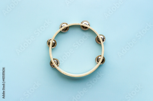 Percussion instrument tambourine, top view. Music background