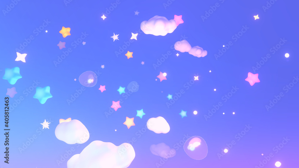 Cartoon clouds, stars, and bubbles in the purple sky. 3d rendering picture. Cartoon clouds, stars, and bubbles in the purple sky. 3d rendering picture.