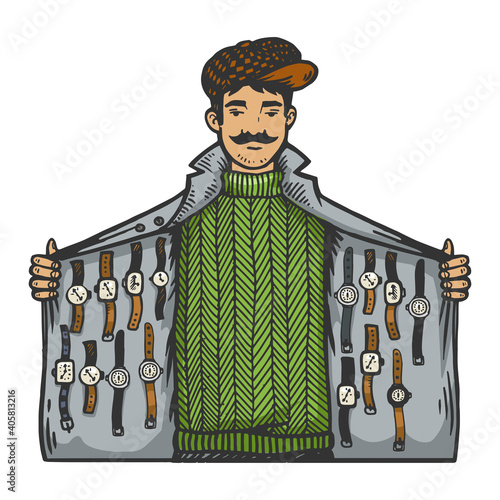 Man secretly sells watches from jacket flap color sketch engraving vector illustration. Scratch board style imitation. Black and white hand drawn image.