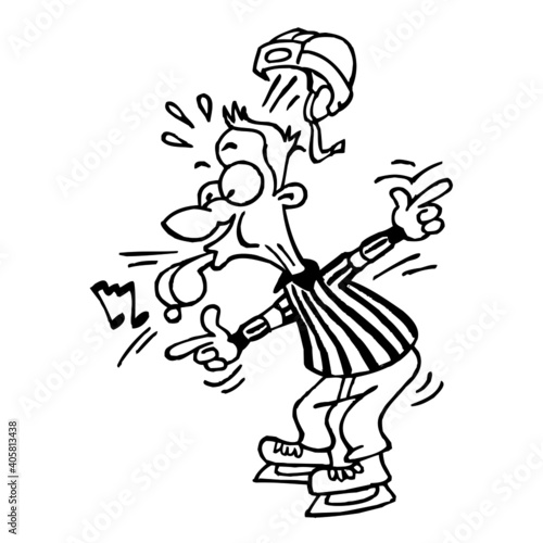 Hockey referee blows his whistle and gestures to exclude a fouling player, winter sports, black and white cartoon