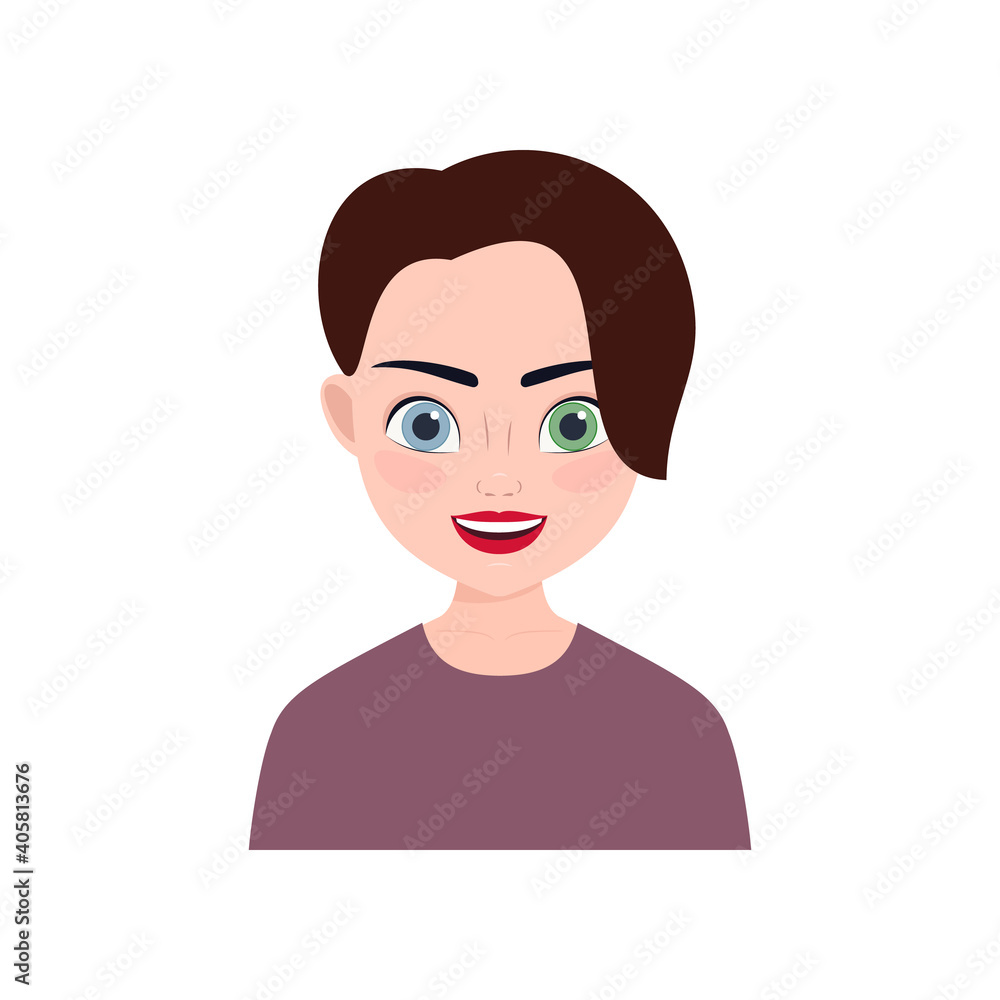 portrait, avatar of a young smiling woman with eyes of different colors. vector illustration. portrait, avatar of a young smiling woman with eyes of different colors. vector illustration.