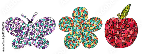 Mosaic objects. Ceramic trencadis broken tiles. Cartoon flower, butterfly, apple icon mosaic stylized. Isolated on white. Ceramic tile silhouette.Trencadis broken tiles. Mosaic pieces colorful icons. photo