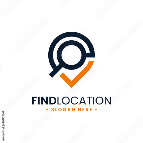 Find location logo design template. City locator. Pointer and loupe or magnifier icon vector combination. Creative gps map point location symbol concept.