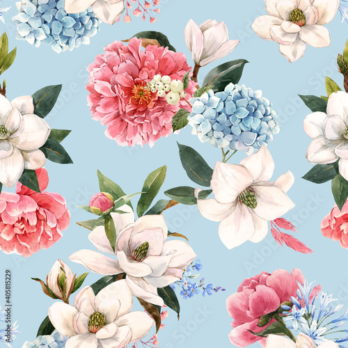 Fototapet Beautiful seamless pattern with hand drawn watercolor gentle white magnolia and hydrangea flowers