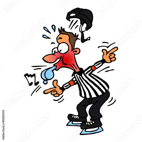 Hockey referee blows his whistle and gestures to exclude a fouling player, winter sports, color cartoon