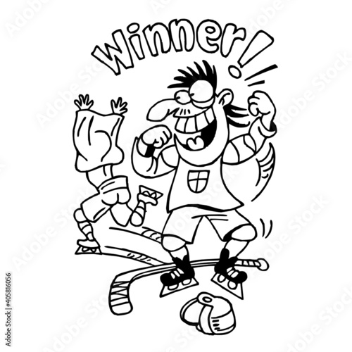 Winner of hockey fight celebrates and the loser runs away with jersey over his head, text Winner, winter sport, black and white cartoon