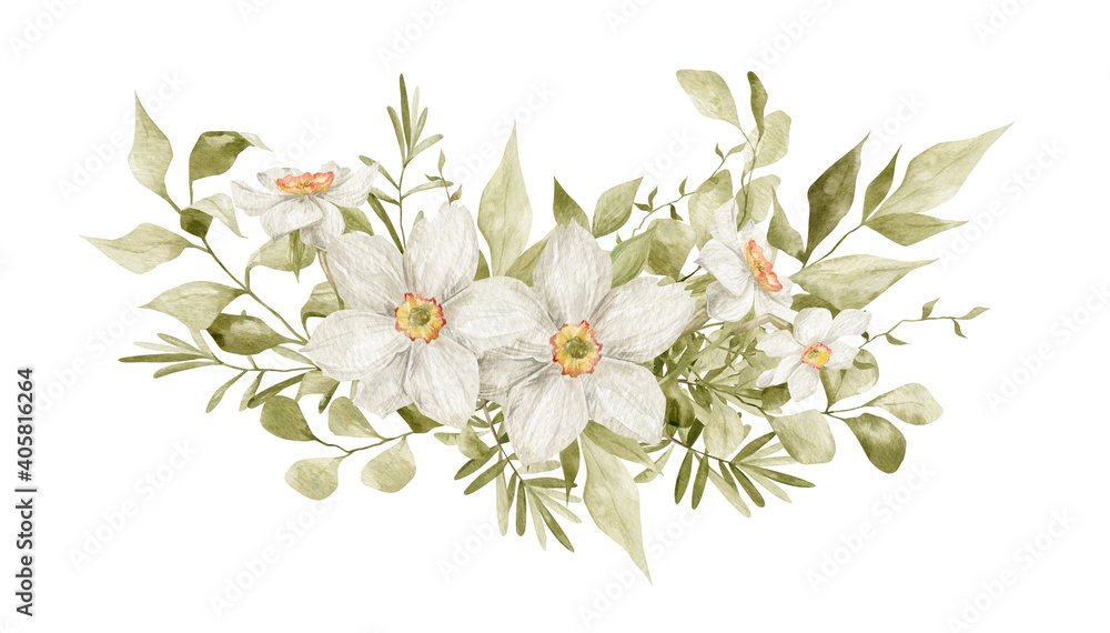 Fototapeta premium Watercolor bouquet with white narcissus flowers, branches and leaves isolated on white. Aesthetic spring composition, floral arrangements, delicate flowers