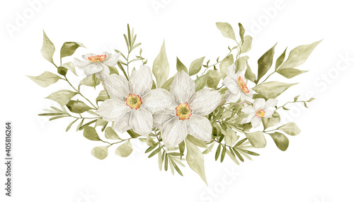 Watercolor bouquet with white narcissus flowers, branches and leaves isolated on white. Aesthetic spring composition, floral arrangements, delicate flowers © Kate K.