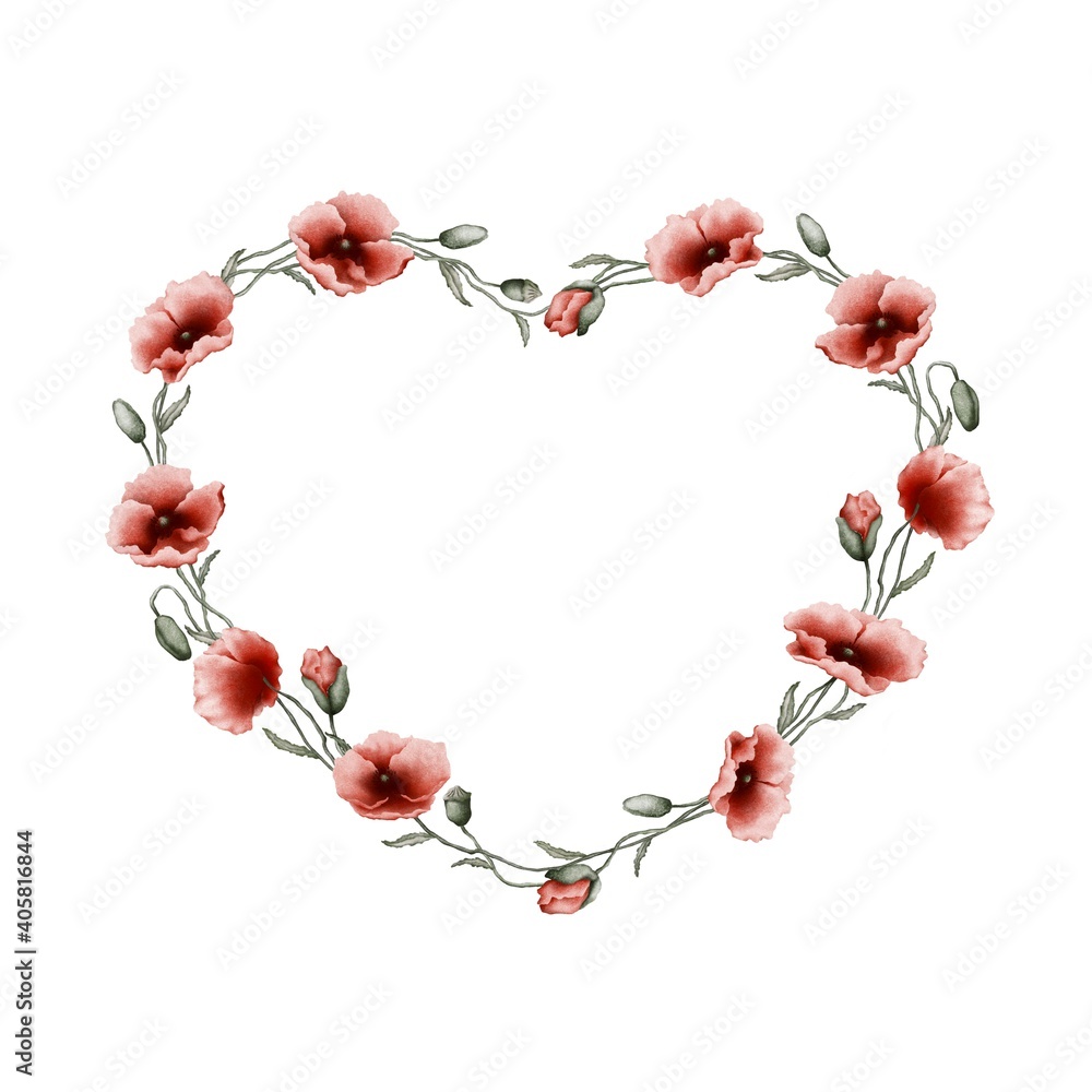flower heart. illustration for valentine's day. a wreath of poppies flower heart. illustration for valentine's day. a wreath of poppies