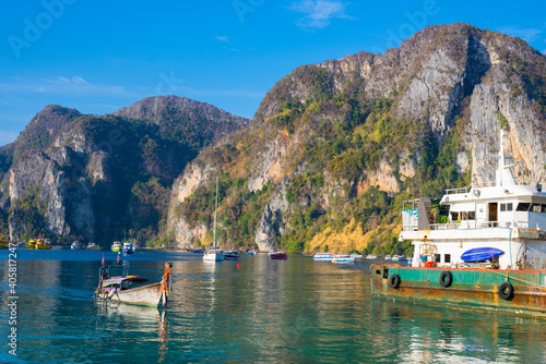 Morning at the marine port on Phi-Phi Don island in Thailand. 