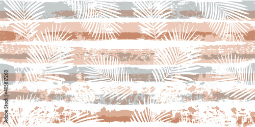 Tropical pattern, palm leaves seamless vector floral background. Exotic plant on beige stripes print illustration. Summer nature jungle print. Leaves of palm tree on paint lines. ink brush strokes