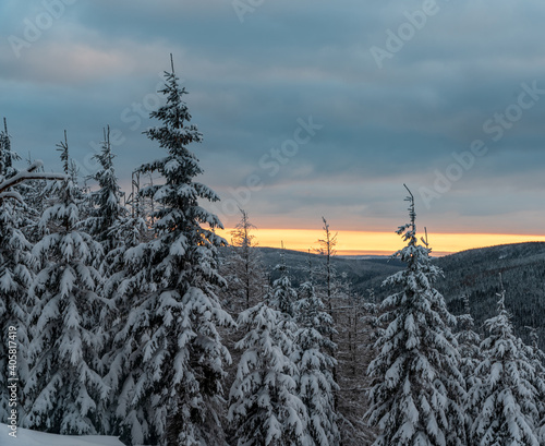 Daylght in freezing winter Jeseniky mountains with frozen forest, orange sky and clouds photo