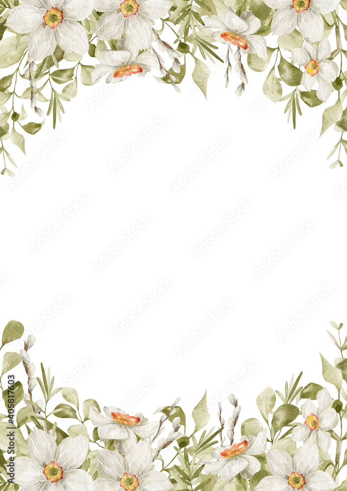 Naklejka premium Watercolor floral frame. Delicate spring yellow flowers, narcissus, greenery. Frame for wedding invitation, card, logo, greeting, promo. Spring romantic, feminine art