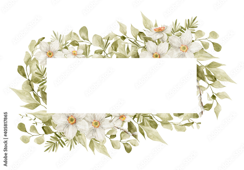 Fototapeta premium Watercolor floral frame. Delicate spring flowers, narcissus, greenery. Frame for wedding invitation, card, logo, greeting, promo. Spring romantic, feminine art