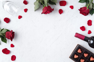 Top view of Valentine day chocolate with rose and wine, festive gift design concept