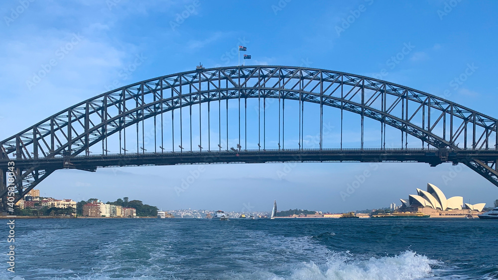 View of sydney harbour from the bac of a cruise boat 