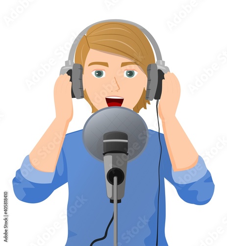 Voiceover studio man holding headphones with mic recording voice over or speaking and singing.