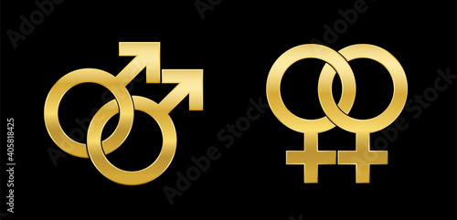 Gay and lesbian love symbols, golden emblem style, isolated vector logo illustration on black background.
