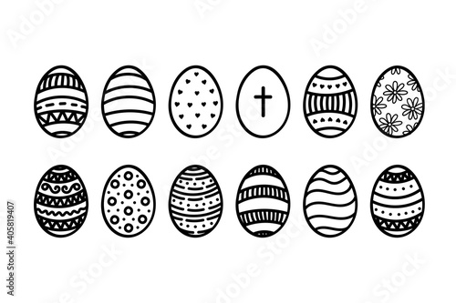 Vector Doodle Outline Easter Eggs Set. Traditional Holiday Painted Eggs. Hand drawn line art elements isolated. Black and white contour drawing collection for design card, poster, coloring book page