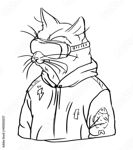black lines cartoon cat in vr 
glasses in korean urban style on white background, editable vector illustration