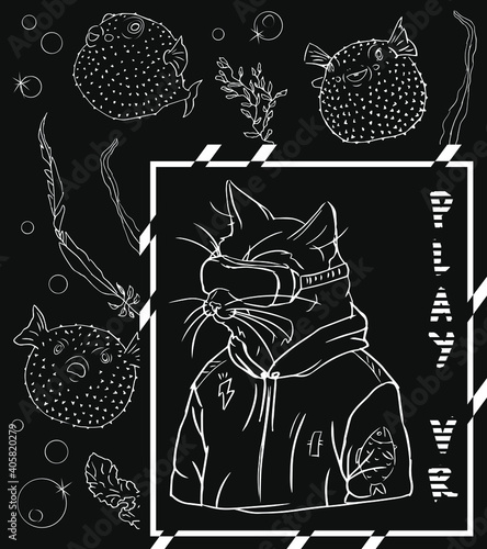 black and white cartoon cat in vr 
glasses in korean urban style, editable vector illustration