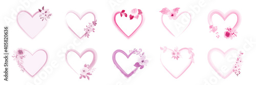Set of heart frame decorated with pink watercolor flower bouquets