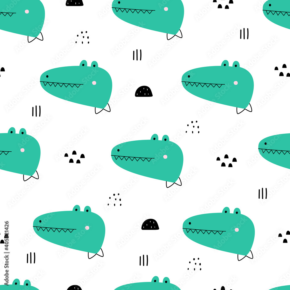 Obraz premium The seamless pattern has a crocodile face with black dots. Cute animal cartoon backgrounds hand drawn in childrens style used for print, wallpaper, fabric pattern, textile. Vector illustration