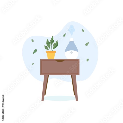 The humidifier is on the table with a house plant. Equipment for home or office. Ultrasonic air purifier in the interior. Concept Fresh air.Vector illustration.