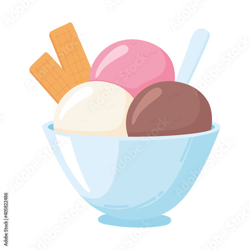 scoops ice cream in bowl, milk dairy product cartoon icon