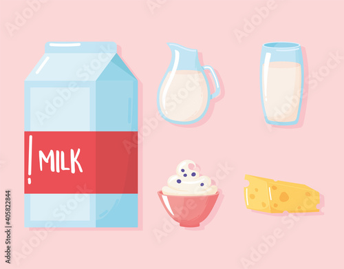 milk dairy product cartoon icons set butter, cream, beverage in box jar and glass
