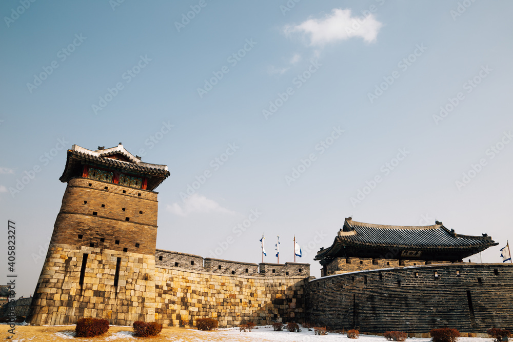 Hwaseomun. West gate of Hwaseong Fortress at winter in Suwon, Korea