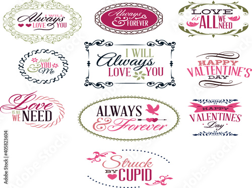 set of simple love, valentain, wedding, couple typography elements, stamps and labels photo