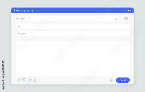 Email interface. Mail window template, internet message isolated frame, blank email. Modern flat design.