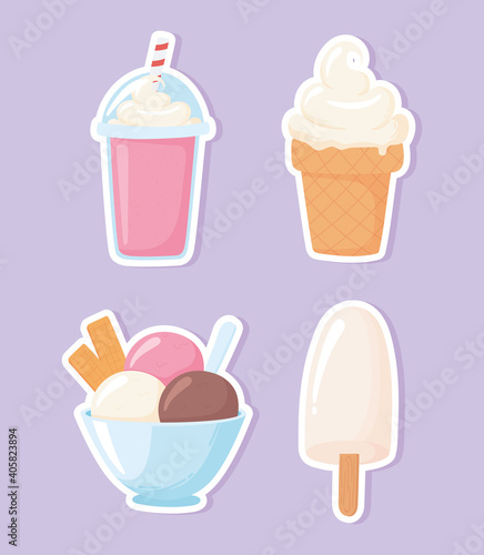 milk dairy product cartoon icons set milkshake ice cream in stick scoops and cone