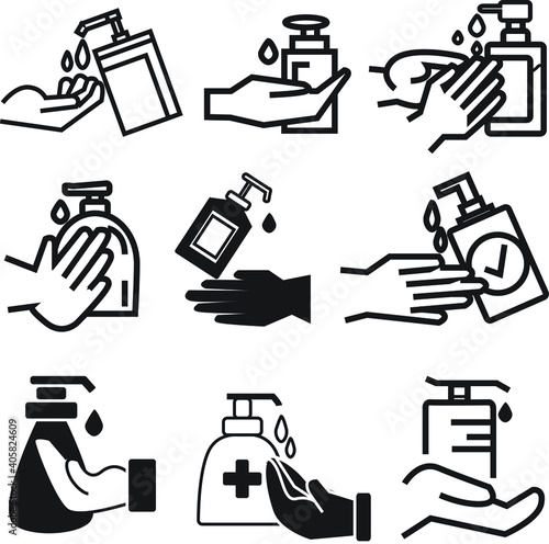 Washing hand with sanitizer liquid soap alcohol gel icon