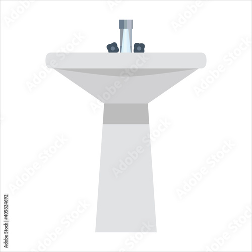 Sink. An interior item of a bathroom or toilet room made of white earthenware with a water tap and a water jet. Vector illustration isolated on white background for design and web.